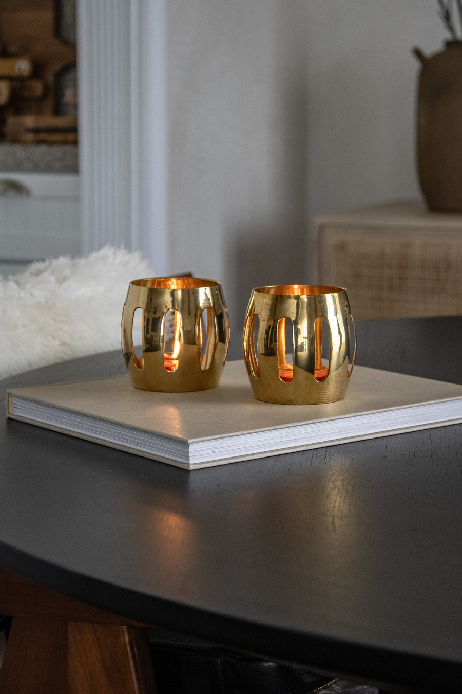 Vintage Perforated Brass Candle Holder Set