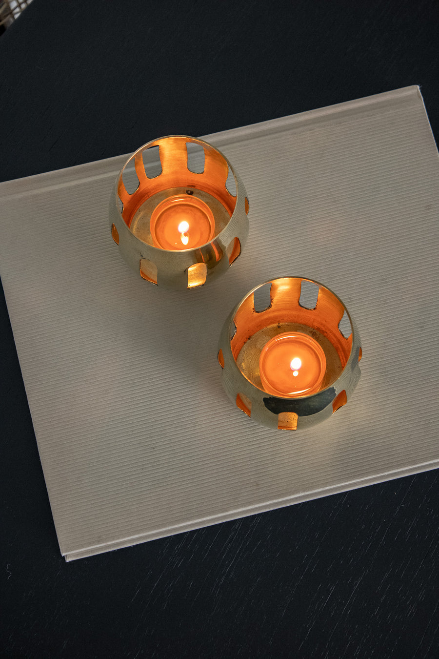 Vintage Perforated Brass Candle Holder Set