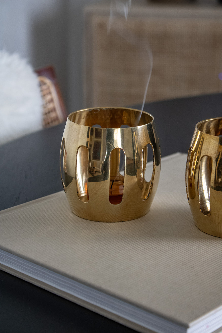 Vintage Perforated Brass Candle Holder Set