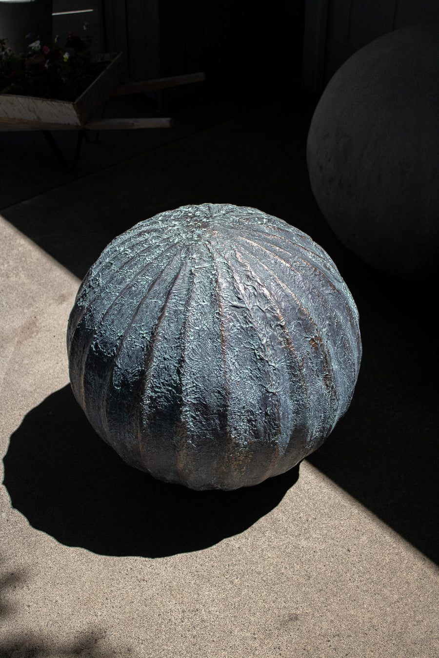 Large Ribbed Concrete Orb Sculpture, Green Oxidized Bronze