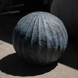 Oversized Ribbed Concrete Orb Sculpture, Green Oxidized Bronze