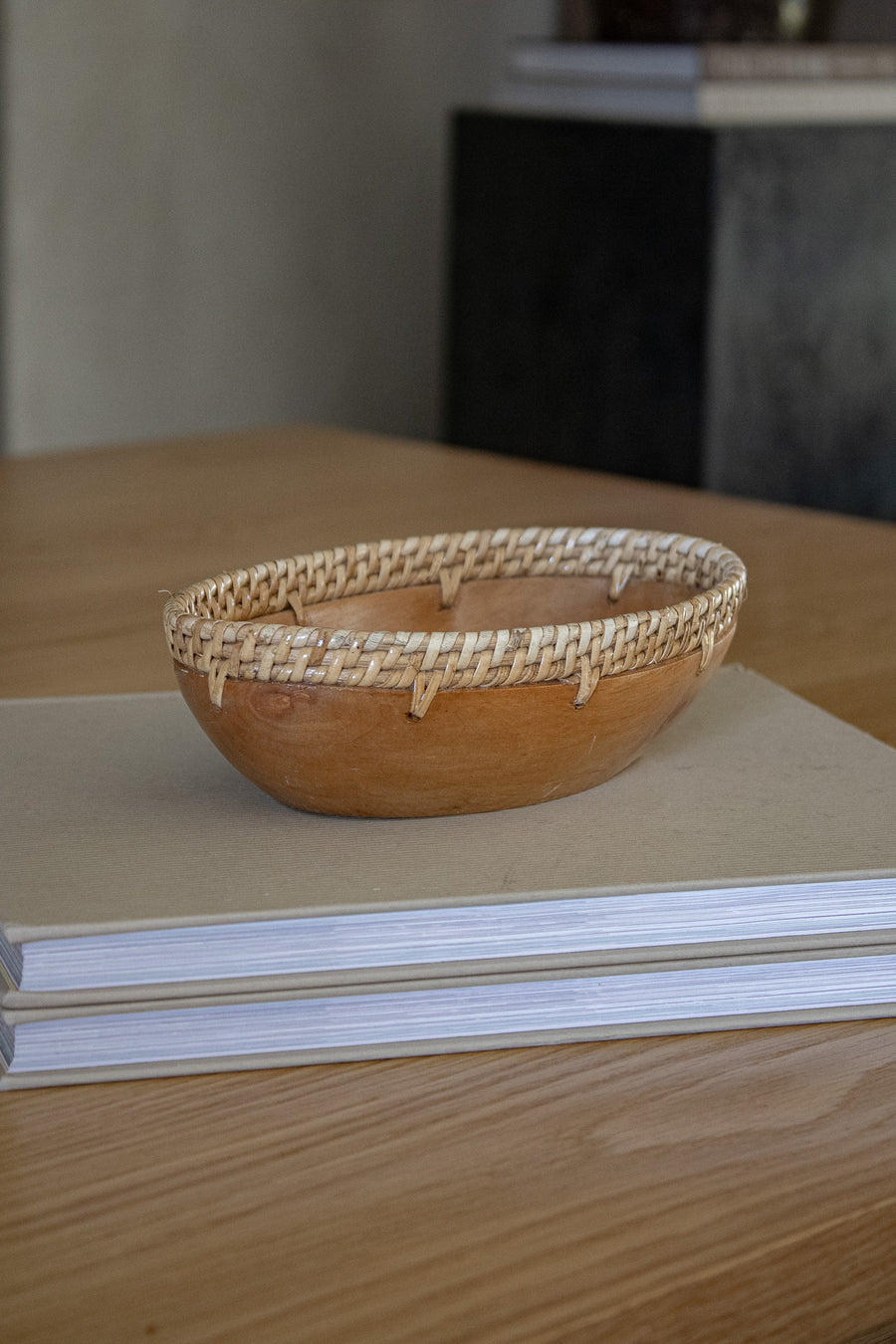 Small Wood Bowl With Rattan Detail