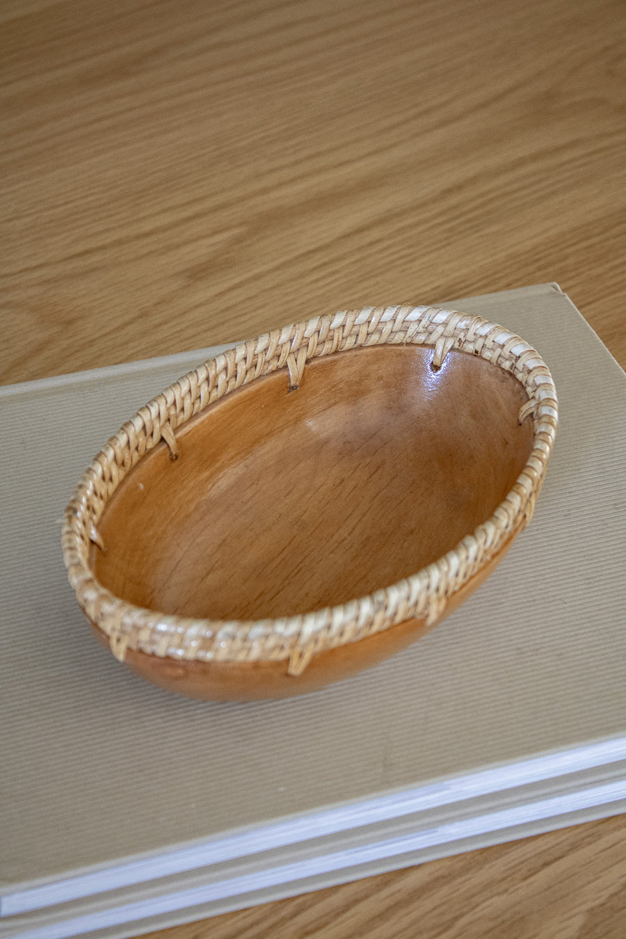 Small Wood Bowl With Rattan Detail