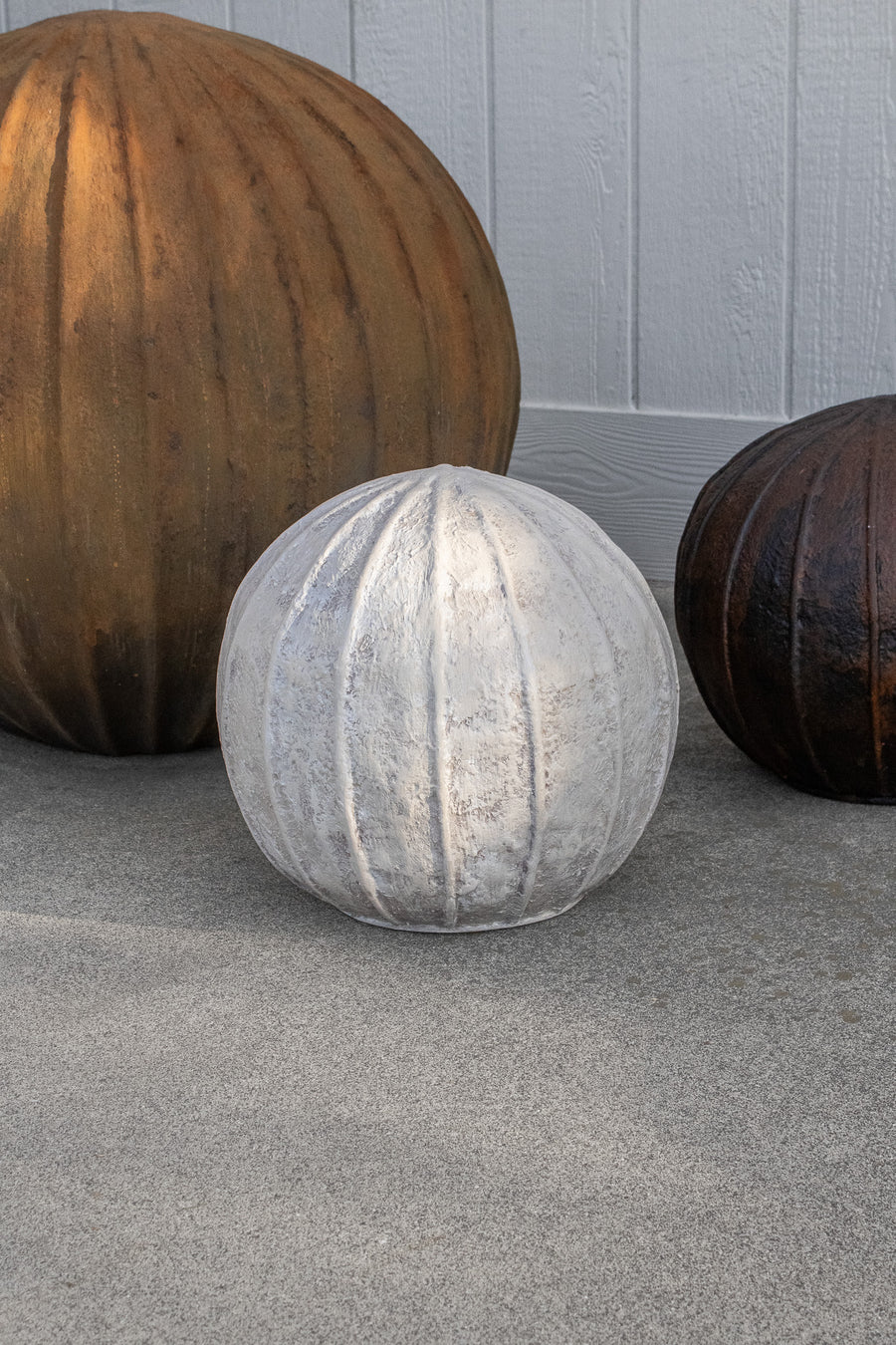 Ribbed Concrete Orb Sculpture, Cream Color