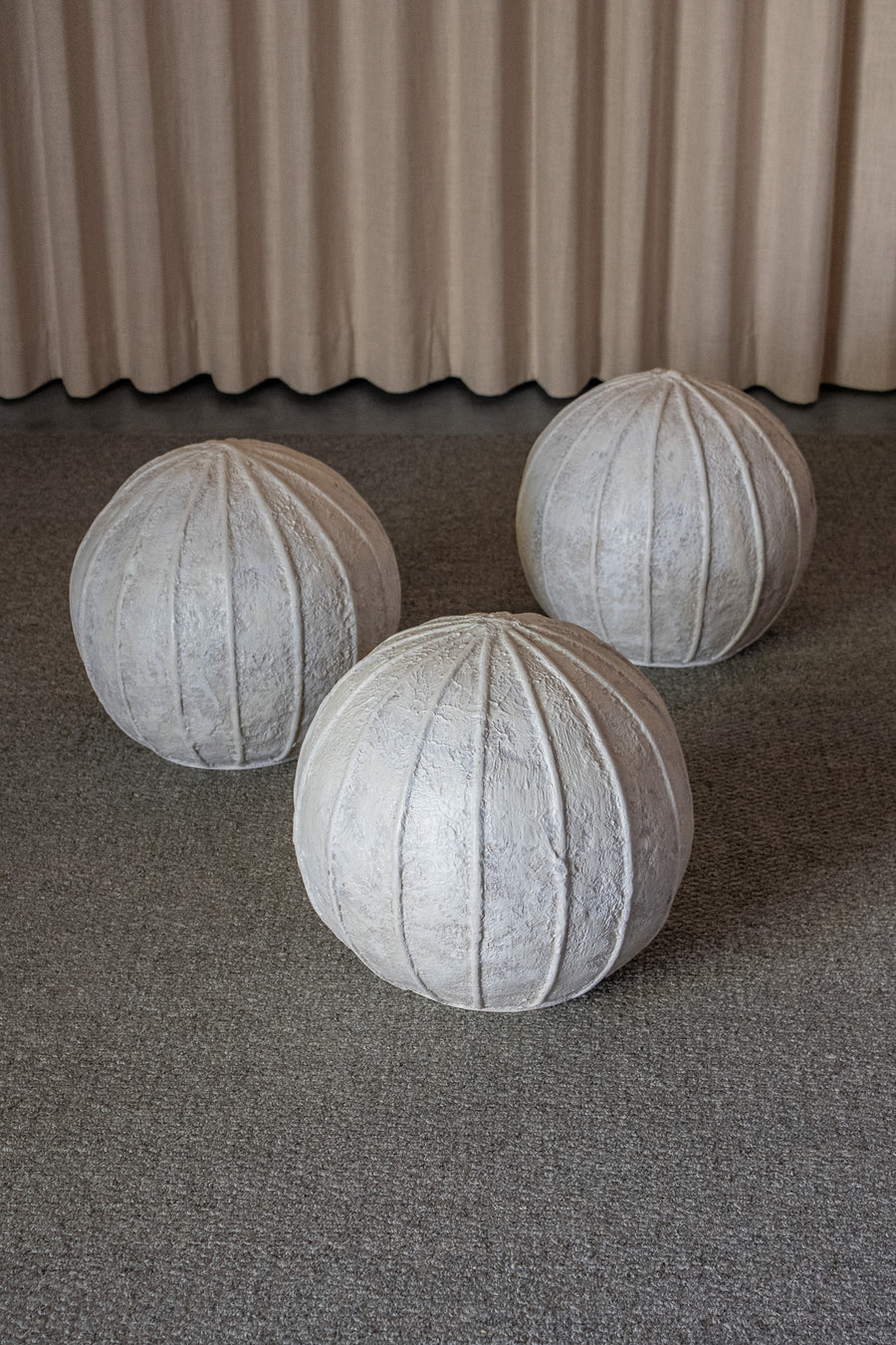 Ribbed Concrete Orb Sculpture, Cream Color