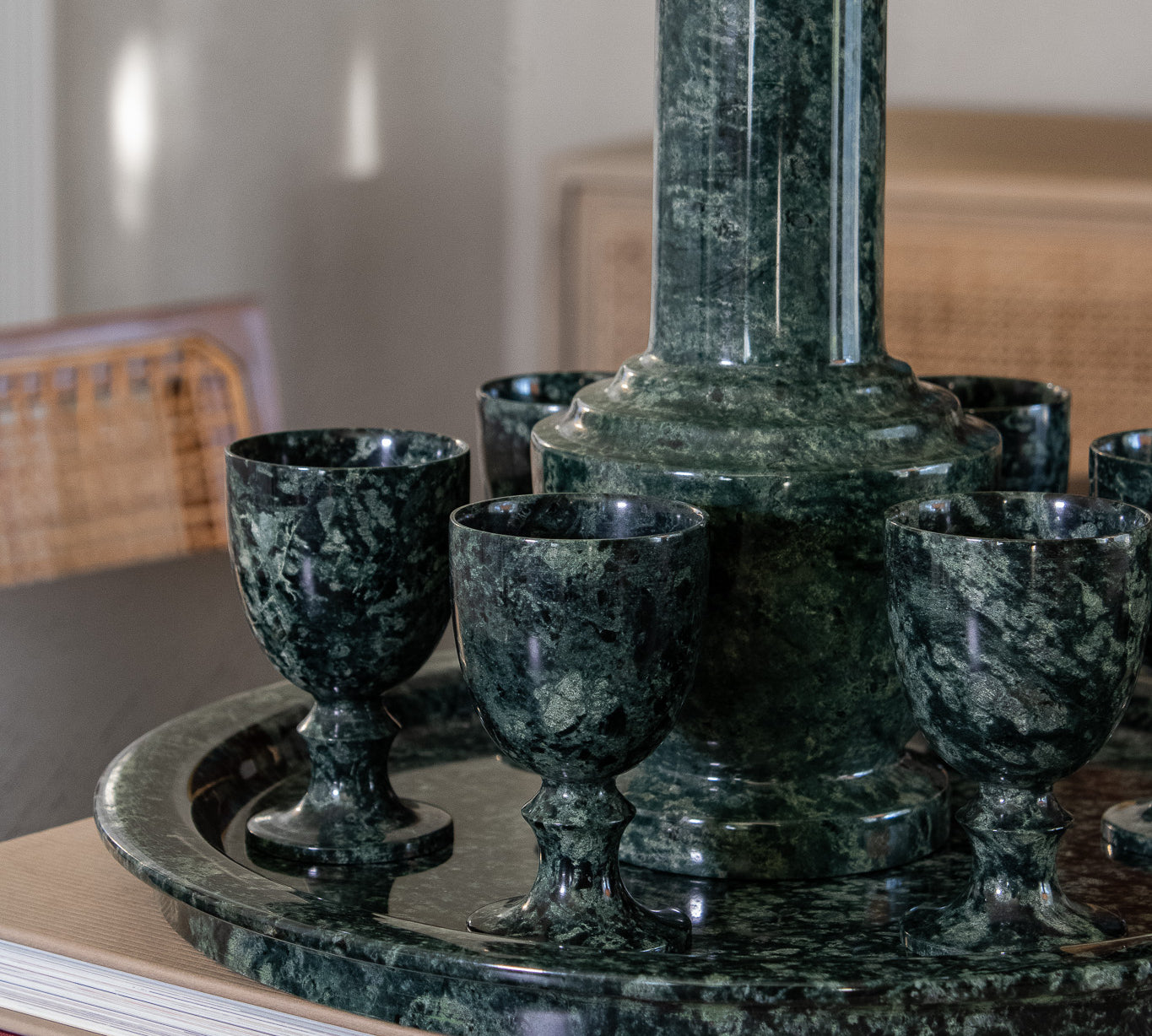 Vintage Green Marble Decanter & Goblet Barware Set