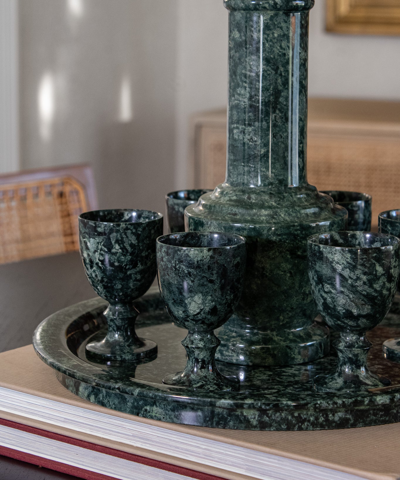 Vintage Green Marble Decanter & Goblet Barware Set